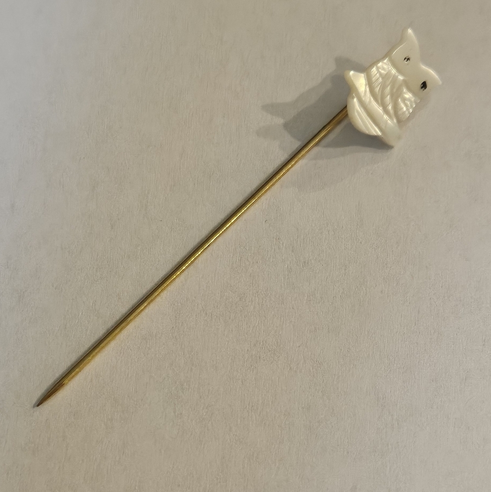 Owl Stick Pin Mother of pearl MOP Vintage Gold Tone
